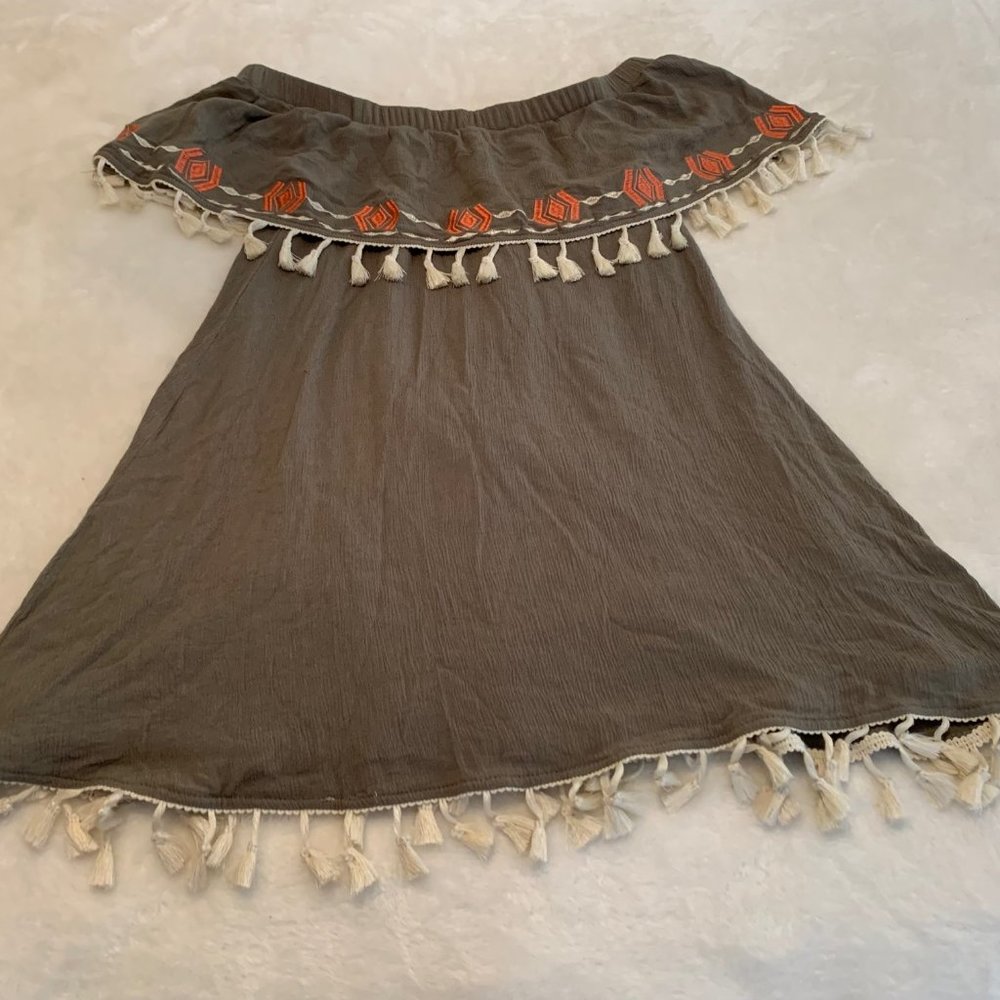 Miami Olive Green Off Shoulder Mini Dress with Tassels Size XS
